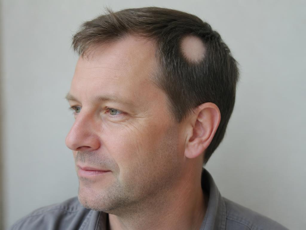 Man with a round alopecia areata patch on the side of his scalp