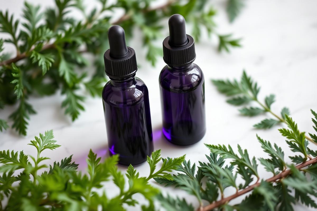 Two unlabelled violet glass dropper bottles among fresh green leaves on white marble