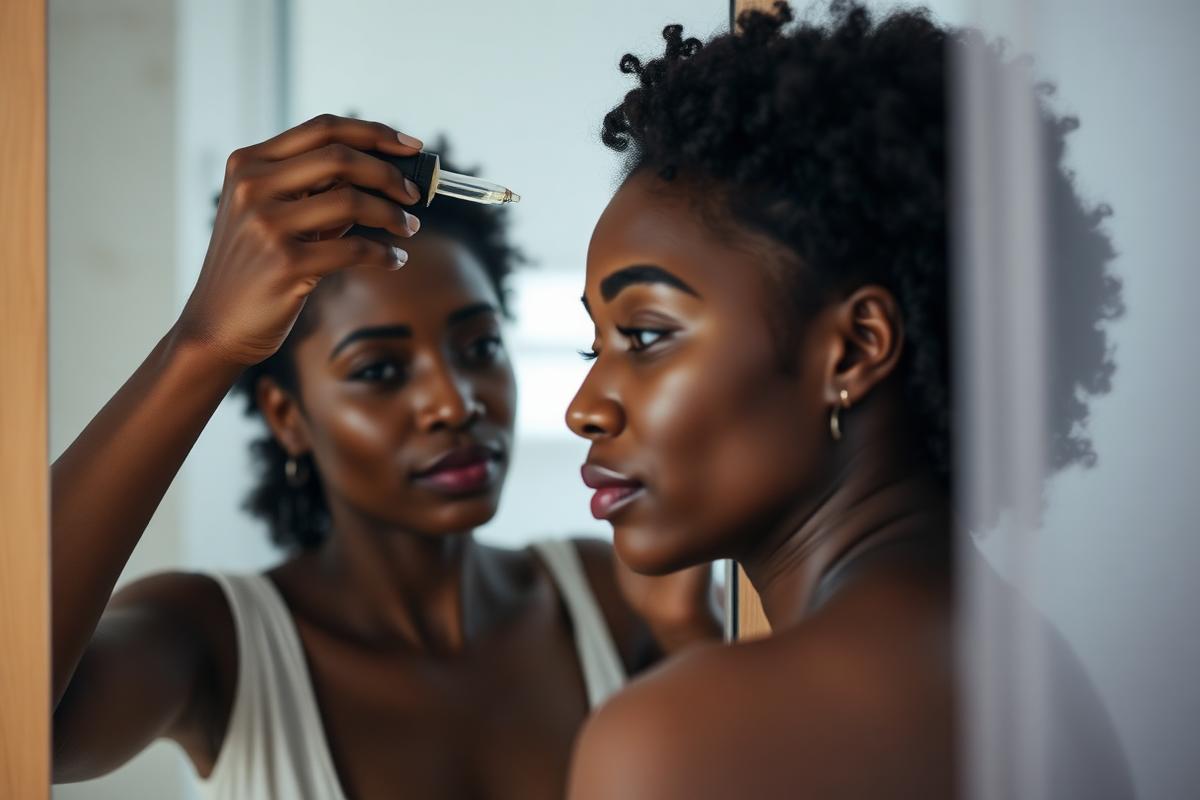 Woman applying scalp serum with a dropper at her part line in front of a mirror