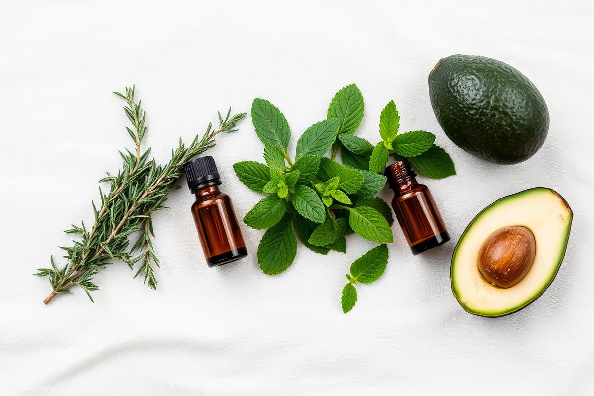 Rosemary, peppermint and halved avocado beside two amber essential oil bottles