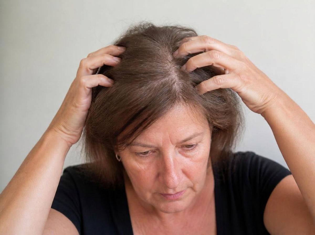 Same woman after treatment with dense crown coverage and a narrow part