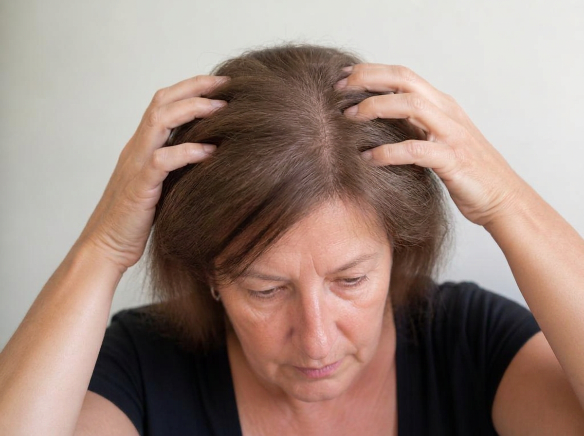 Same woman after treatment with dense crown coverage and a narrow part