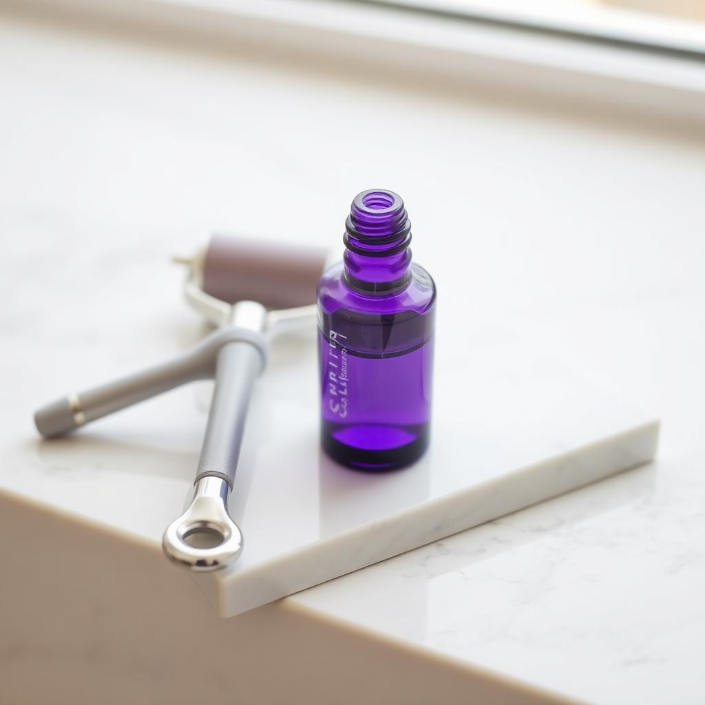Derma roller and violet serum bottle on white marble in soft window light