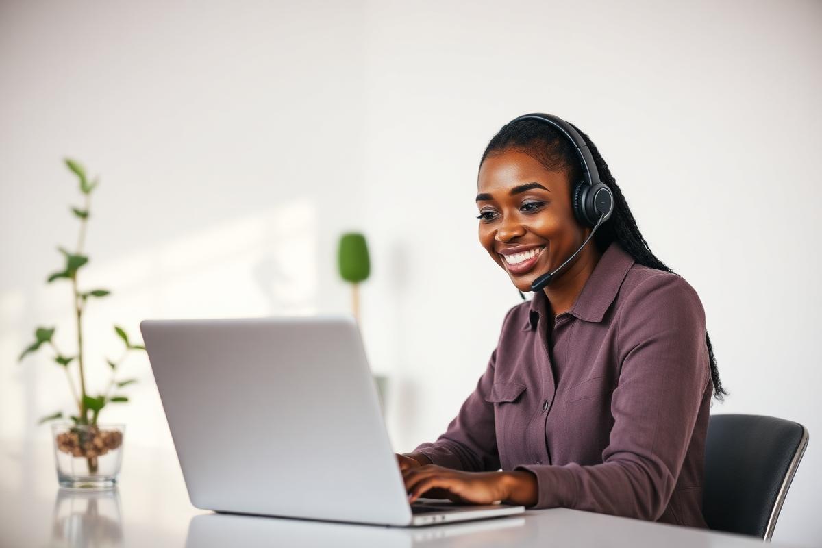 Support specialist smiling at a laptop in a bright office