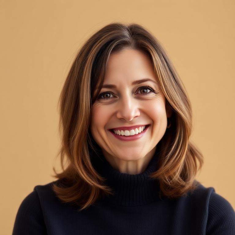 Smiling white woman with thicker, fuller shoulder-length hair after treatment