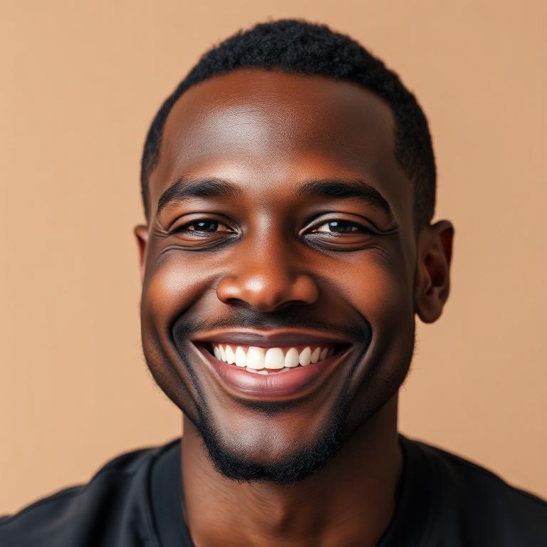 Smiling Black man with a restored hairline after his scalp renewal program