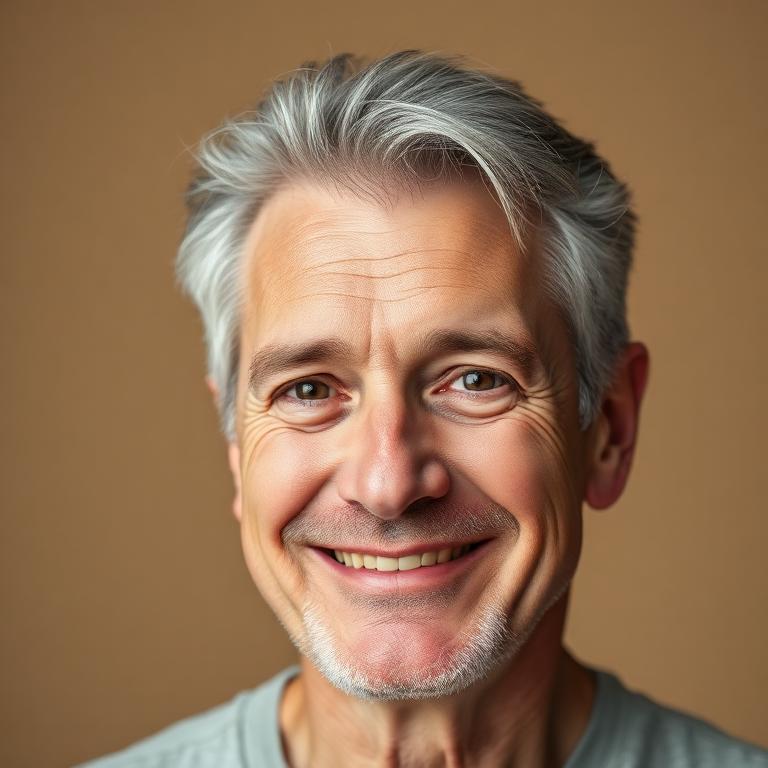 Smiling white man with gray hair showing fuller crown coverage after treatment